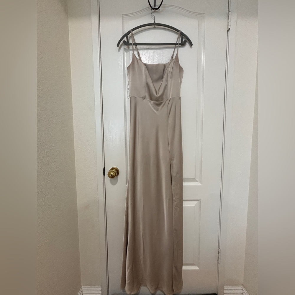 Birdy Grey Beige Champagne Satin Maxi Dress Size S Slit Bridesmaid